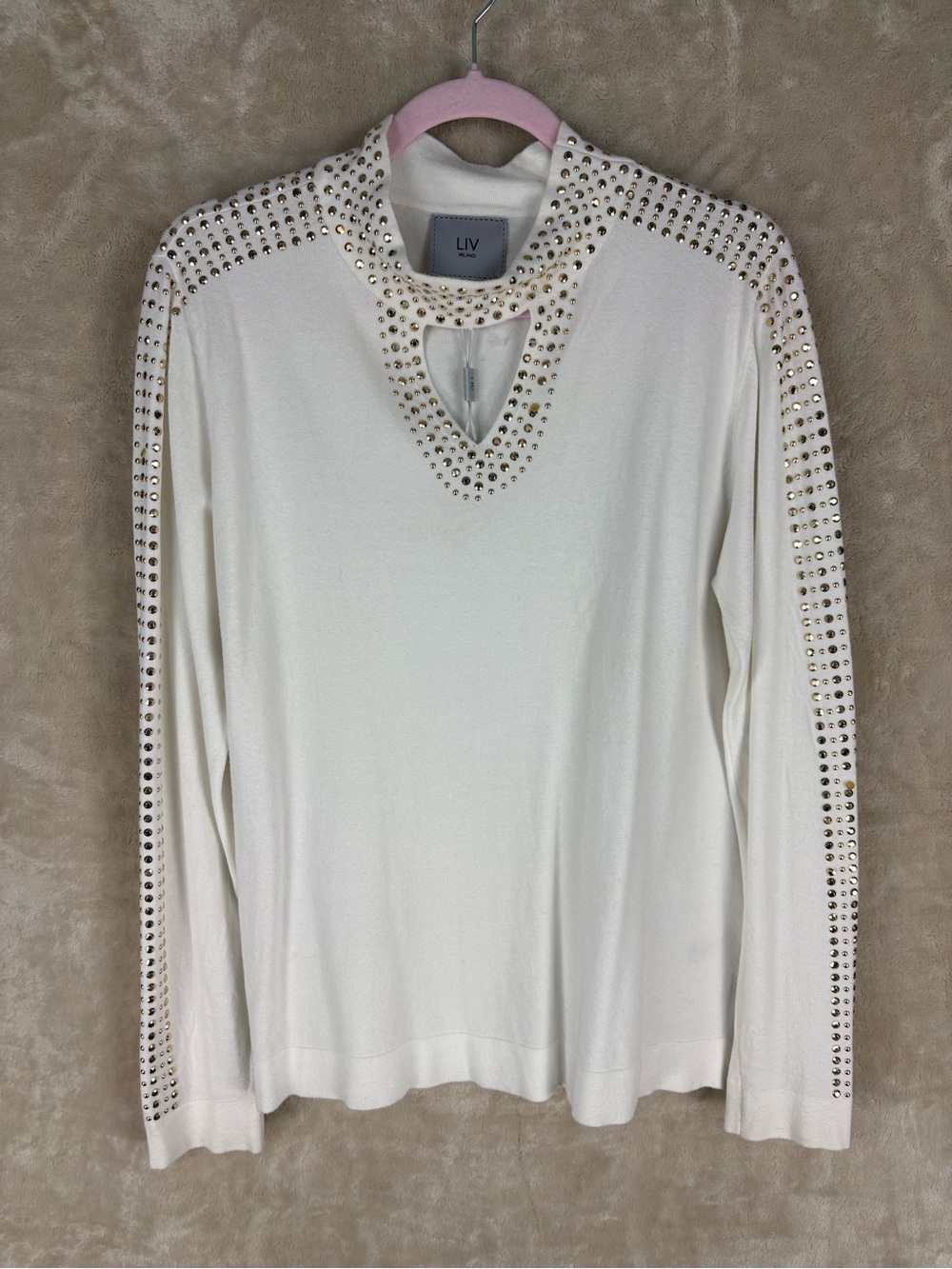 LIV White Crewneck Keyhole Sweater with Gold Stud Detailing